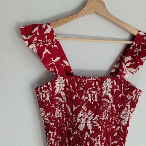 Old Navy Red Floral Ruffle Trim Smocked Square Neck Blouse Top - Picture 4 of 7